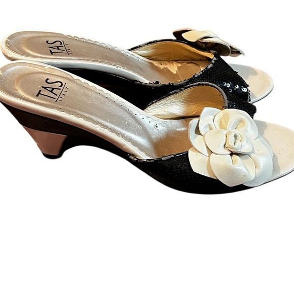 TAS ITALY sequin leather open toe Bowed kitten heel - Picture 2 of 8